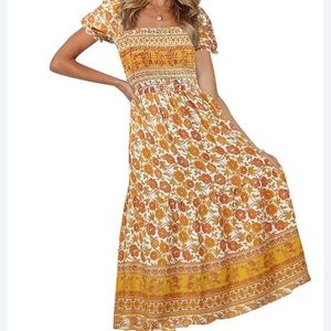 NWOT Bohemian Floral Puff Sleeve Maxi Dress